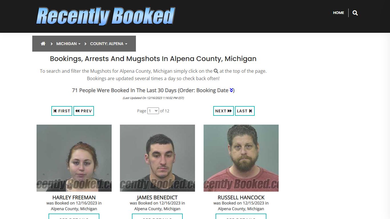 Recent bookings, Arrests, Mugshots in Alpena County, Michigan